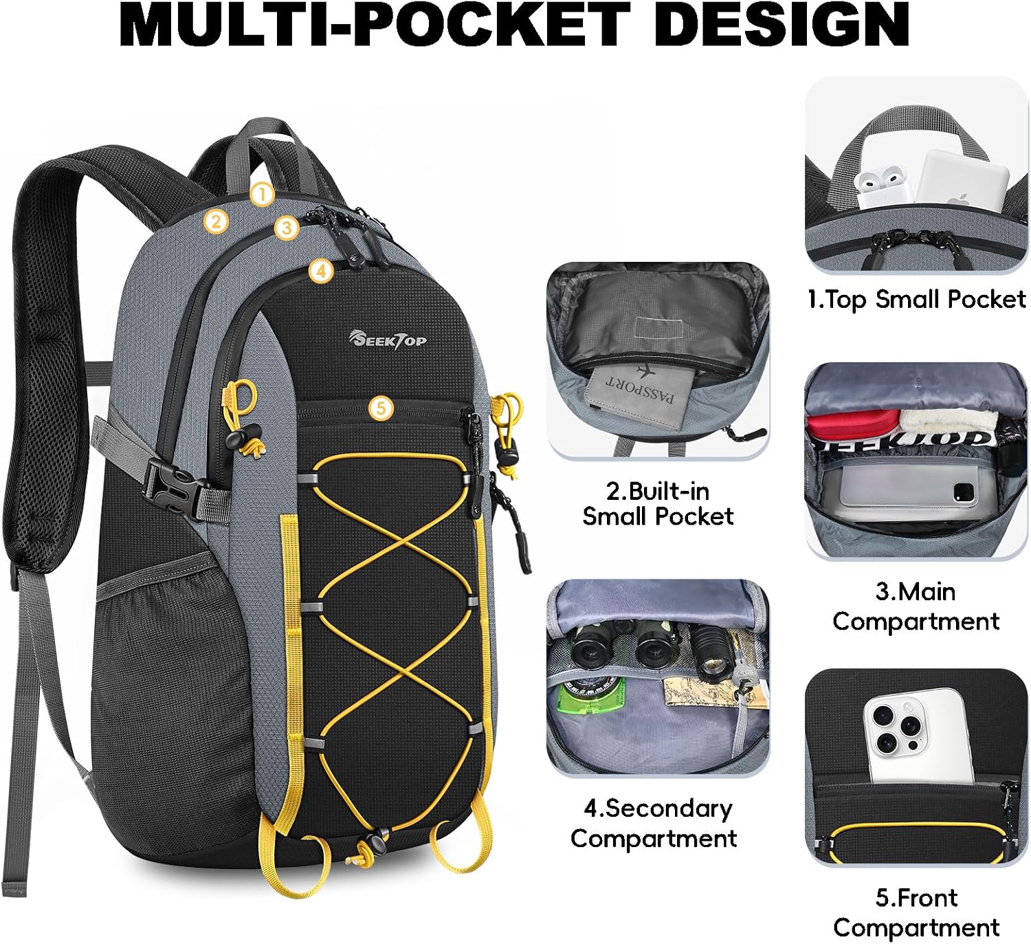 Seektop Packable Waterproof Hiking Backpack, 20L Lightweight Daypack | Tear-Resistant Nylon Material, Multi-Compartment Storage, Ultralight Small Foldable Travel Hiking Daypack for Men & Women - Image 4