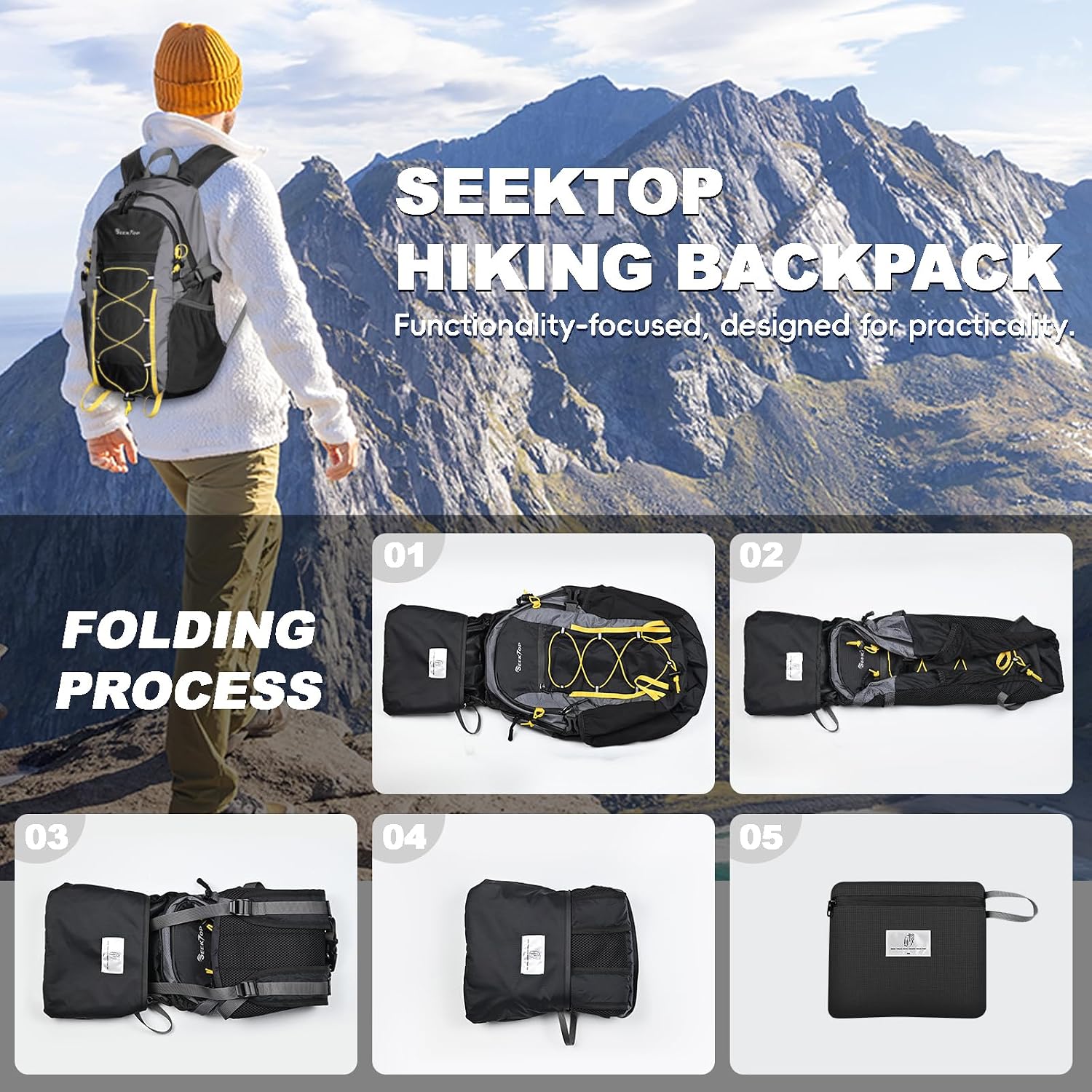 Seektop Packable Waterproof Hiking Backpack, 20L Lightweight Daypack | Tear-Resistant Nylon Material, Multi-Compartment Storage, Ultralight Small Foldable Travel Hiking Daypack for Men & Women - Image 7