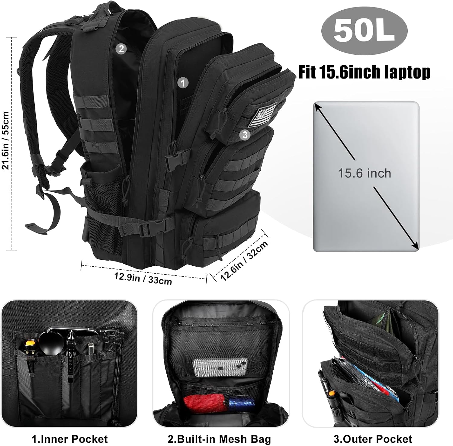 50L Military Tactical Backpack Large Day Backpack for Men Molle Army 3 Days Assault Pack Bug Out Bag Water Resistant and Heavy Duty Hiking Treeking Rucksack - Black - Image 3