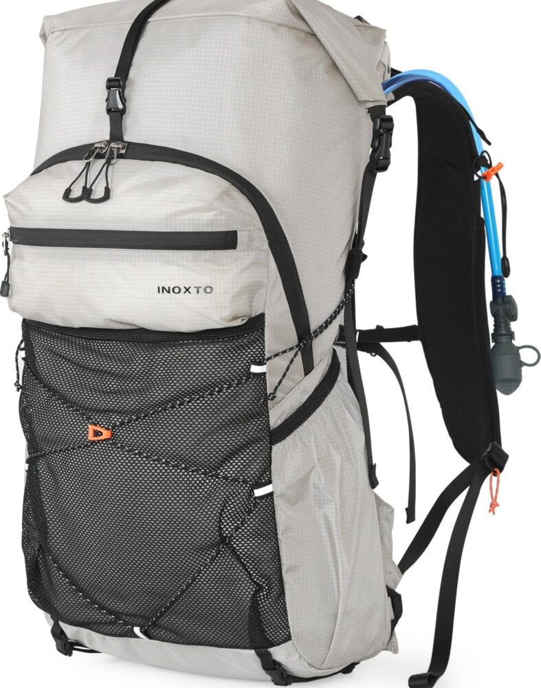 IX INOXTO Hiking Backpack for Men and Women, 30L Waterproof Camping Backpack with 3L Water Bladder and Rain Cover, Lightweight Outdoor Sport Travel Daypack Rucksack for Climbing Cycling (Light gray)